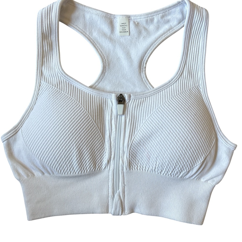 90 Degree By Reflex White Front-Zip Racerback Sports Bra